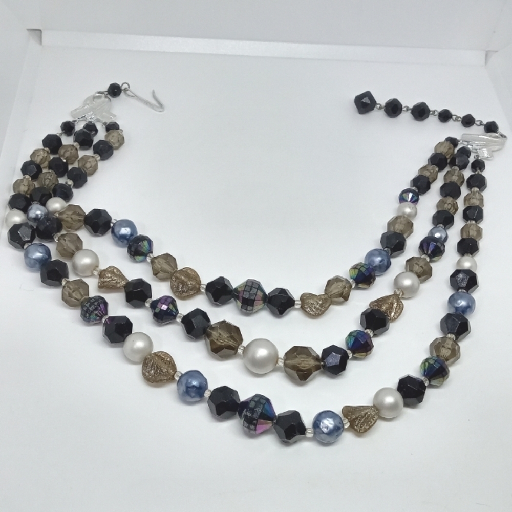 * Vintage Germany 3 Strand Faux Pearl & Iridescent Bead Choker Necklace 17